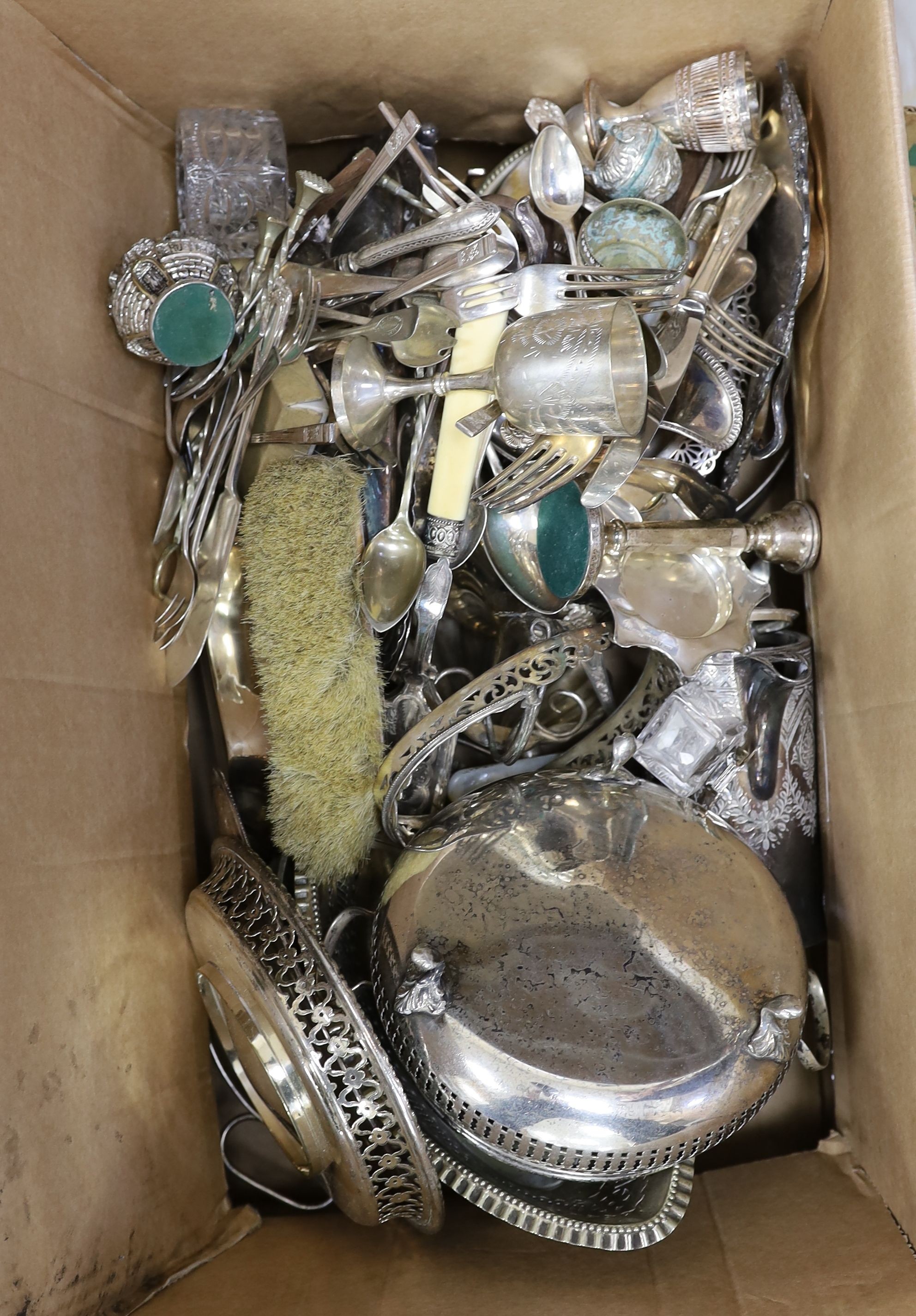 A quantity of plated wares including cake stand, trays, flatware etc.